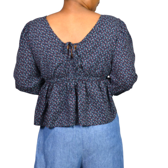 Madewell Tie Back Peplum Top Blue Daisies Floral Ditsy Micro Print Blouse Small - Picture 2 of 16